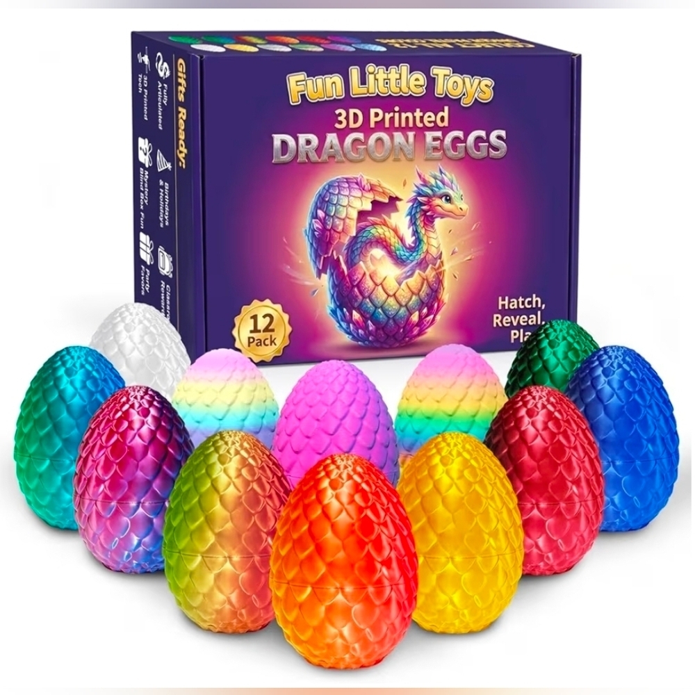 12 Pack 3D Printed Dragon Eggs, Prefilled Easter Eggs with Dragon Toys